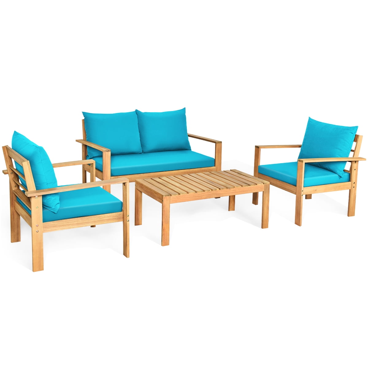 Gymax 4PCS Patio Acacia Wood Conversation Furniture Set w/ Turquoise Cushions