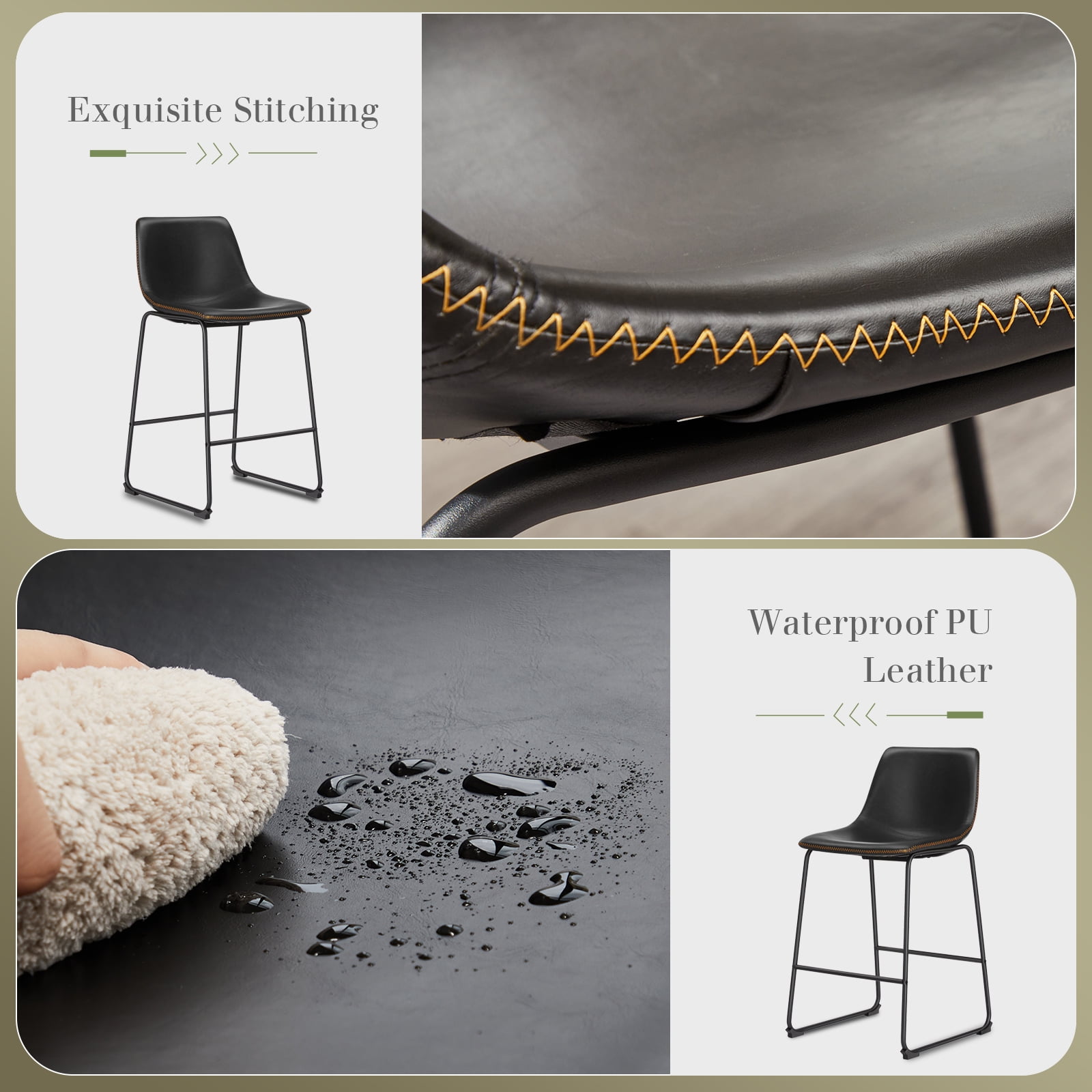 GIANNA Faux Leather Counter Height Bar Stools Set of 2, With Back and Metal Leg, 26 inch Height, for Home Kitchen Office, Black