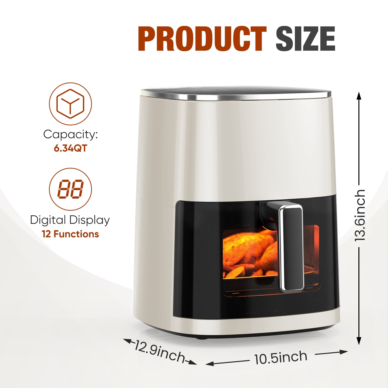 Sellary 6QT Air Fryer with Perspective Window and Light, 12-in-1, non-stick layer, suitable for Air Fry, Roast & More，Beige