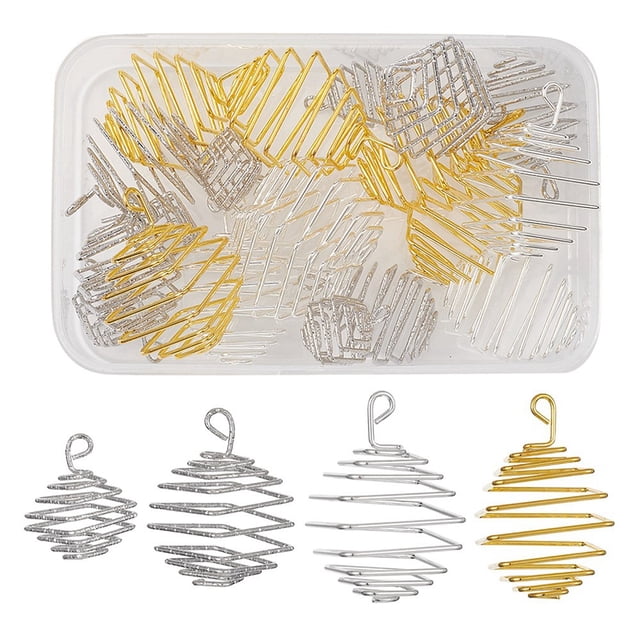 20Pcs 4 Styles Iron Wire Spiral Bead Cage Pendants Square Charms Mixed Color 20.5~40x14.5~24.5x14.5~24.5mm Hole: 2.8~4.2x2.2~3mm 5pcs/style