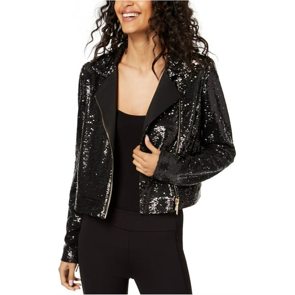 Rachel Zoe Womens Cassie Sequined Motorcycle Jacket, Black, 6