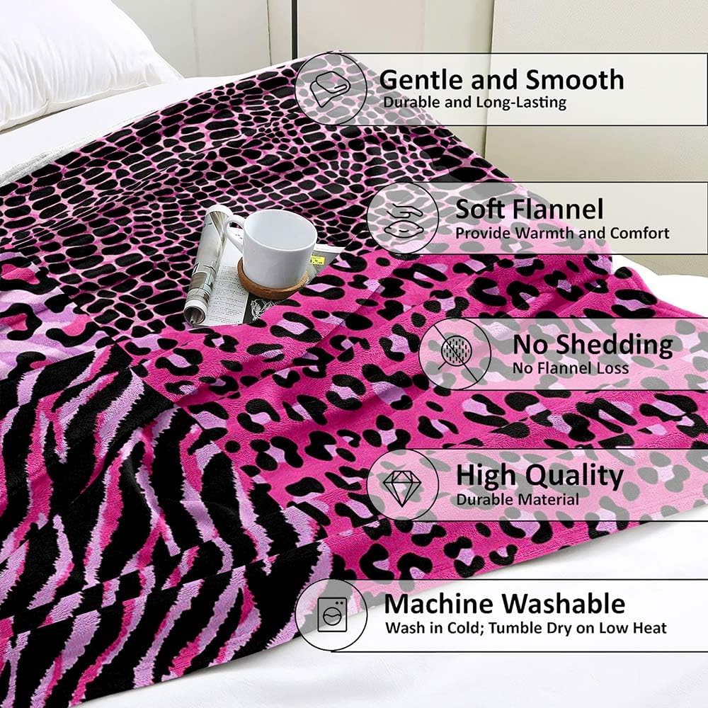 Pink Leopard Throw Blanket, Zebra Print Crocodile Skin Cheetah Print Blanket for Girls, Cozy Warm Soft Lightweight Fluffy Fuzzy Plush Flannel Blanket Fleece Blanket for Couch, Sofa, 50"x60"
