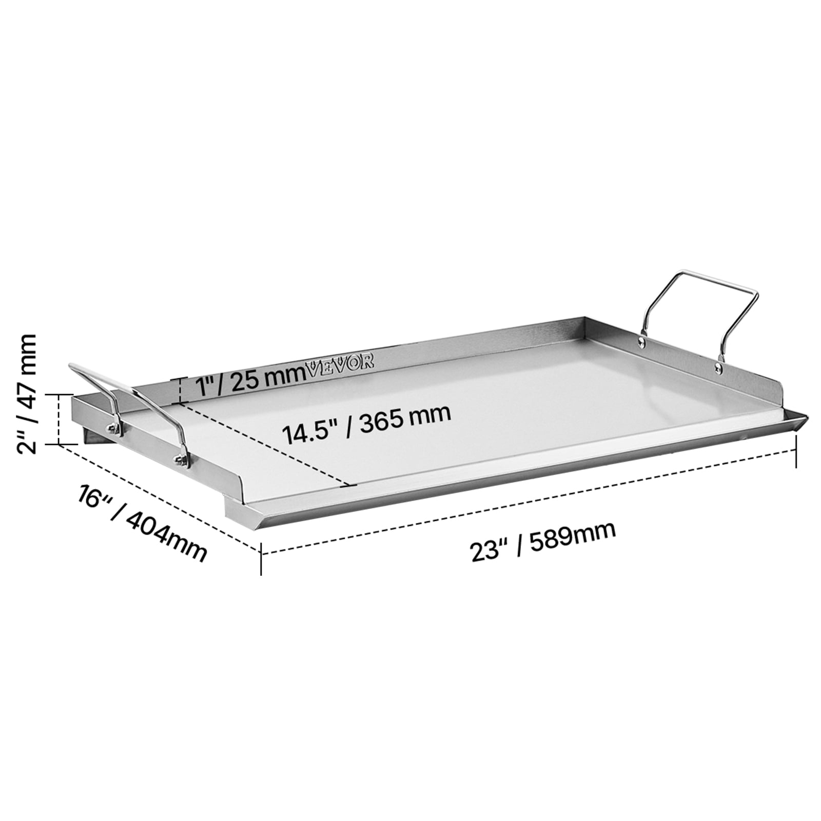VEVOR Stainless Steel Griddle, 23x16 inch Universal Flat Top Rectangular Plate, Gas Grill Griddle for BBQ Grill, Teppanyaki, Portable Family Cookware with Handle, for Camping Tailgating Party