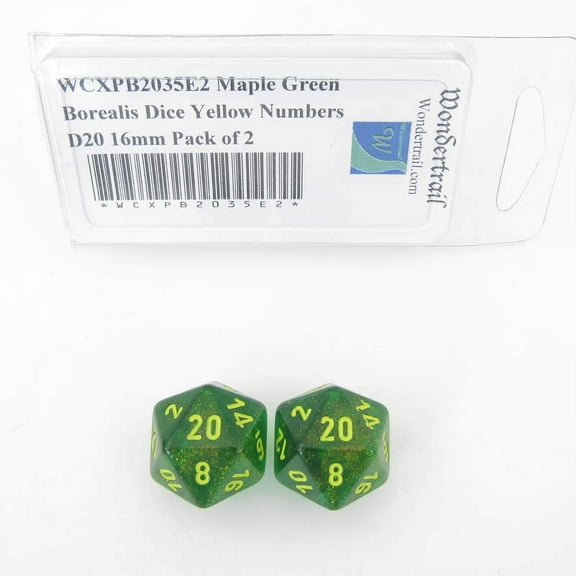 Maple Green Borealis Dice with Yellow Numbers D20 Aprox 16mm (5/8in) Pack of 2 Wondertrail