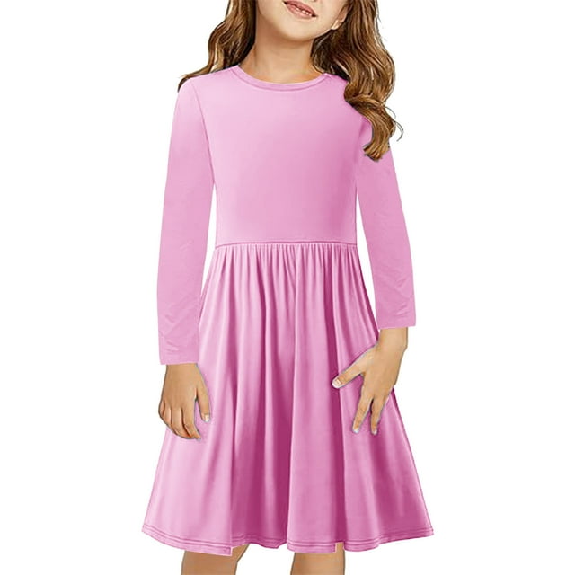 Bwiyojiz Tailles Mode 120-170 Robe à Manches Longues à Col Rond Filles Couleur Unie Extensible Ligne a Tournoyante Patineuse École Récital, 9 Ans, Cadeaux pour la Famille
