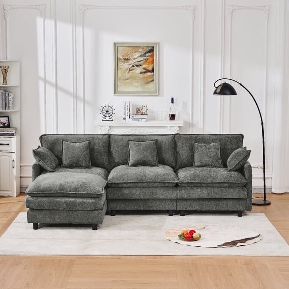 101.9" L-Shape Sectional Sofa Couch with Movable Footstool, 3-Seater Modular Chenille Upholstered Sleeper Cloud Sofa Couches for Living Room, Apartment, Office, Grey