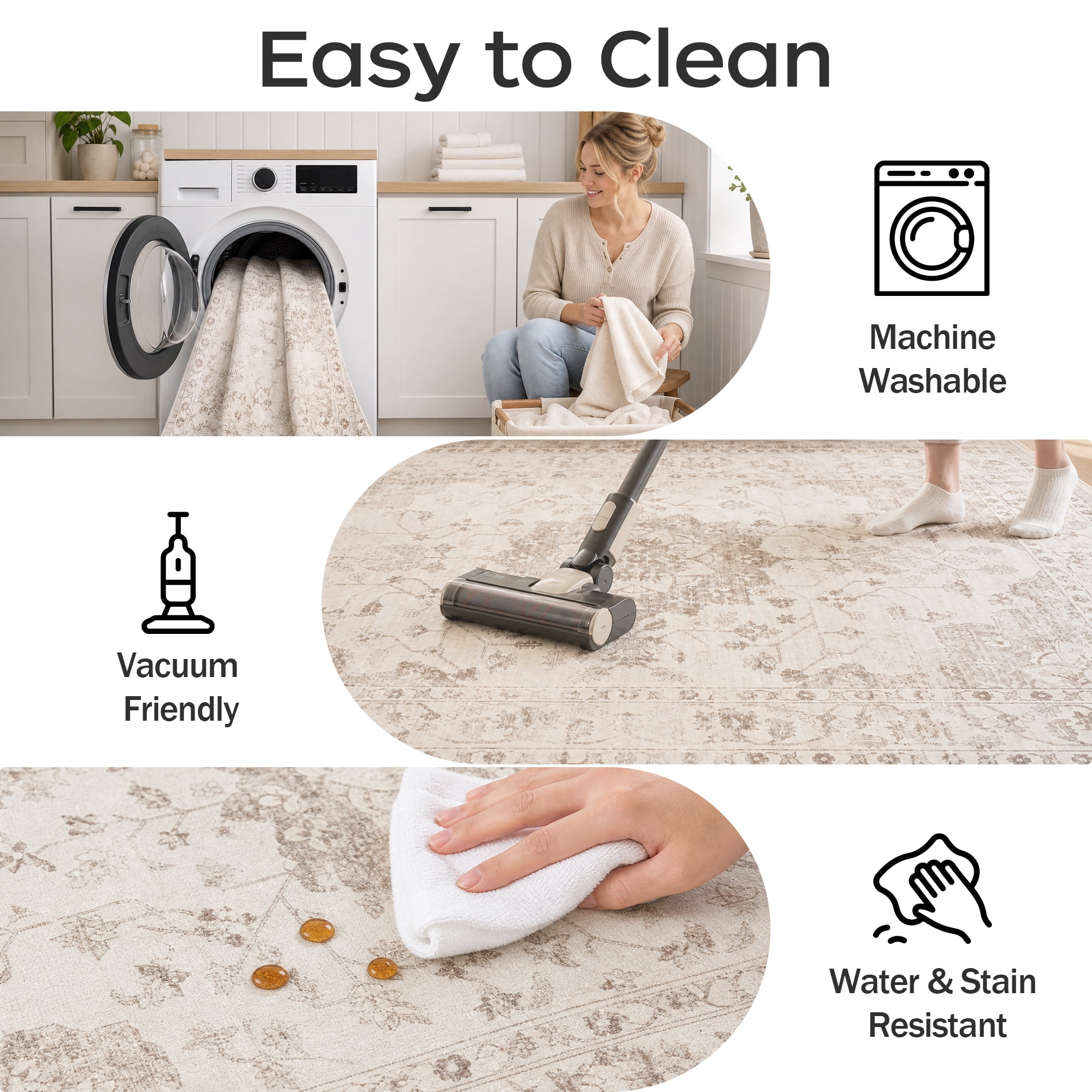 Prilinex 9x12 Area Rug, Washable Rugs for Living Room, Vintage Beige Carpet with Non-Slip & Stain Resistant, Farmhouse Soft Large Rugs for Bedroom Dining Room Kitchen