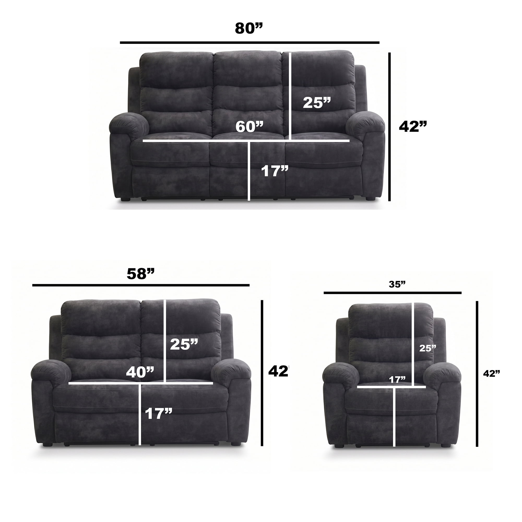3-Piece Reclining Living Room Set - Sofa, Loveseat & Chair, Gray