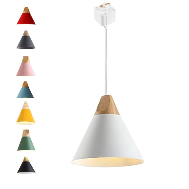 FSLiving J-Style Track Mount Pendant Fixture Scandinavian Style Pendant Lights for Kitchen Hanging Lamp Modern Wood and Aluminium Light Customizable,White - 1 Light