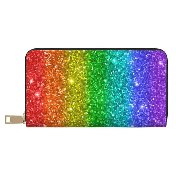 Leather Thin Slim Wallets for Women Men - Glitter Rainbow PrintA Clutch Card Wallet for Women Men with Zipper