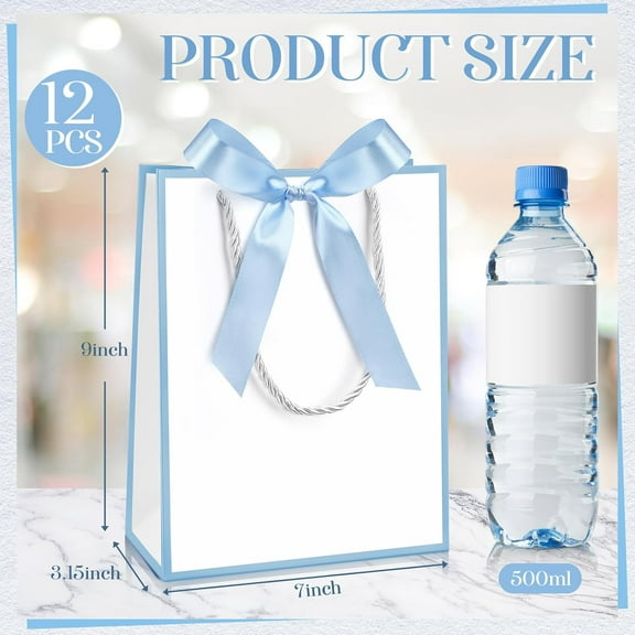 12 Pcs Thank You Gift Bags with Handles, White & Light Blue, Elegant Paper Bags for Wedding, Birthday, Party