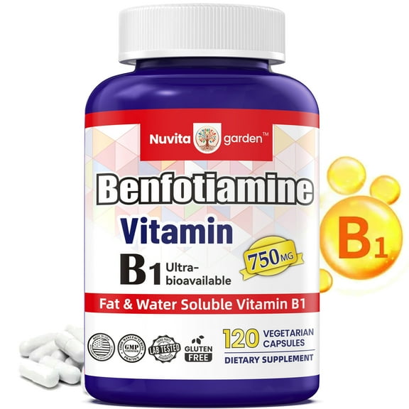 Benfotiamine 750mg Ultra Bioavailable Thiamine Vitamin B1, 120 Vegetarian Capsules, Made in USA cGMP Facility, Supports Overall Health, Gluten Free