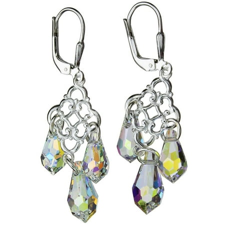 Sterling Floral Earrings - Sterling Silver Floral Link Leverback Earrings Aurora Borealis Teardrop Made with Swarovski Crystals