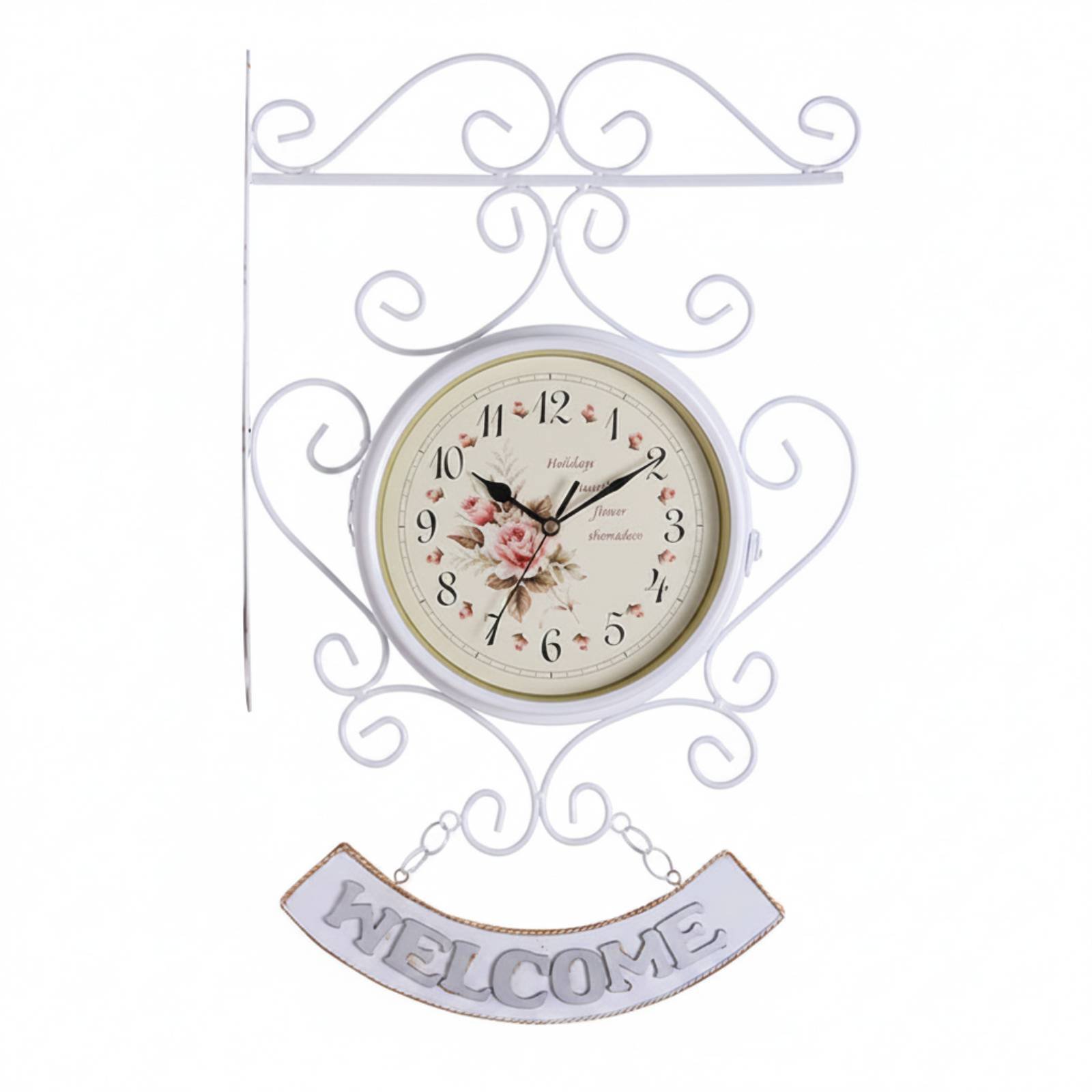 freneci 2 Pack Double Sided Wall Clock Floral Dial Vintage Station Clock Silent Wrought Iron Hanging Decor for Patio Kitchen Living Room