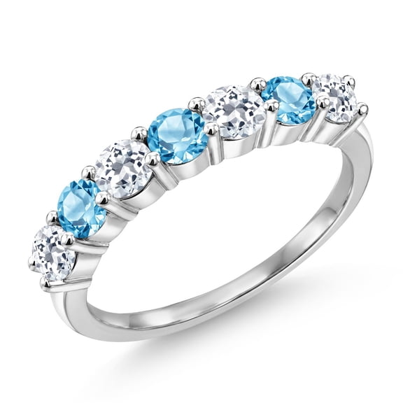 Gem Stone King 925 Sterling Silver Round White Topaz Swiss Blue Topaz Anniversary Ring for Women (1.46 Cttw, Gemstone Birthstone, Size 7) (Size 7)