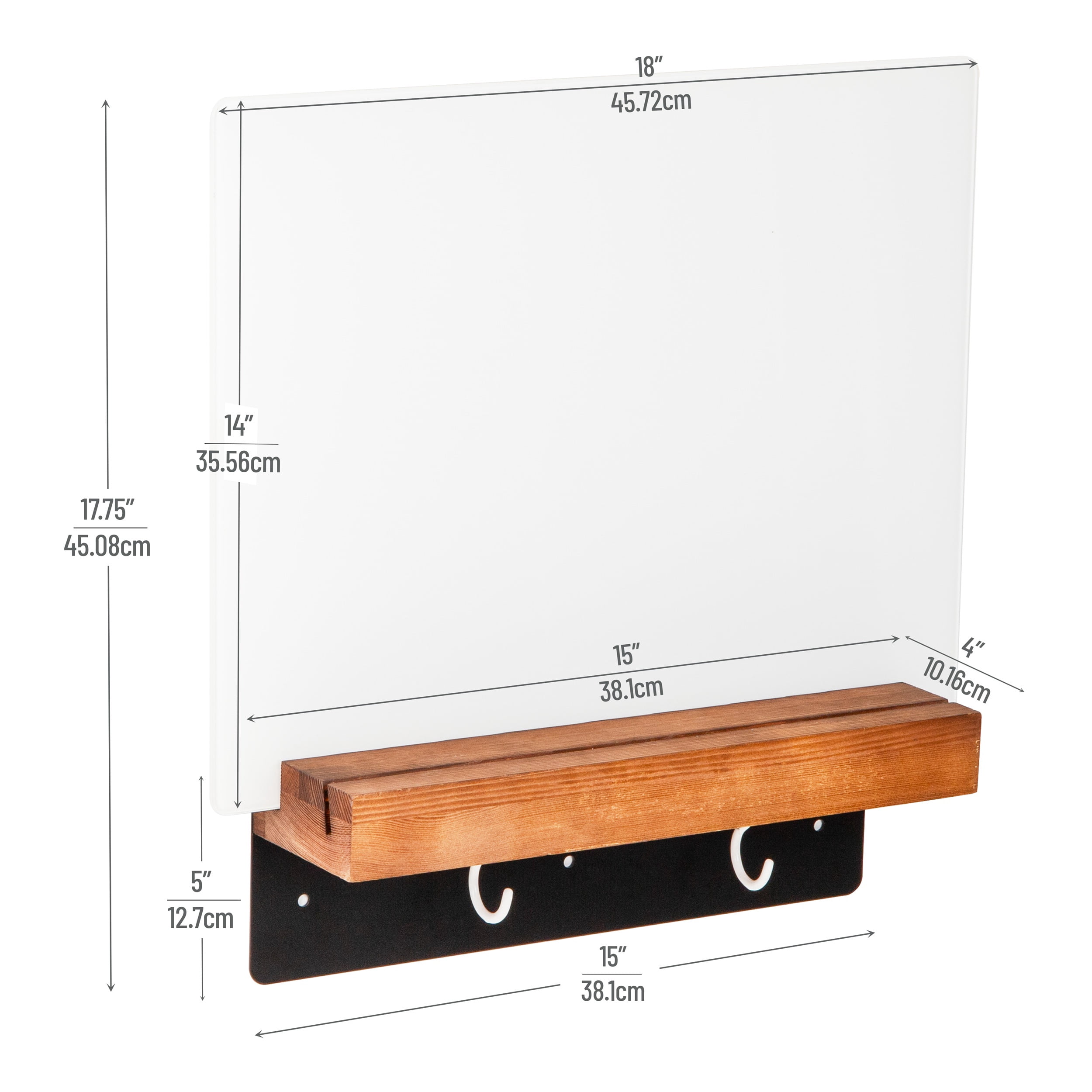 Mind Reader Whiteboard Message Center, Glass Dry Erase Board with Wood Holder and Hooks, Removable Whiteboard for Office or Home, Wall Mounted, 18" x 14"