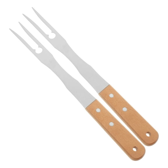 Hytrove 2pcs Two Pronged Wooden Barbecue Fork Ideal for Grilling and Cooking 13.4*0.98*0.59in