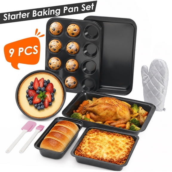 YEERSWAG® 9-Piece Bakeware Set, Nonstick Carbon Steel Baking Pan Set with Cookie Sheet, Cake, Loaf & Muffin Pans, Stackable Oven Baking Accessories for Home Bakers, Cakes, Bread, Cook