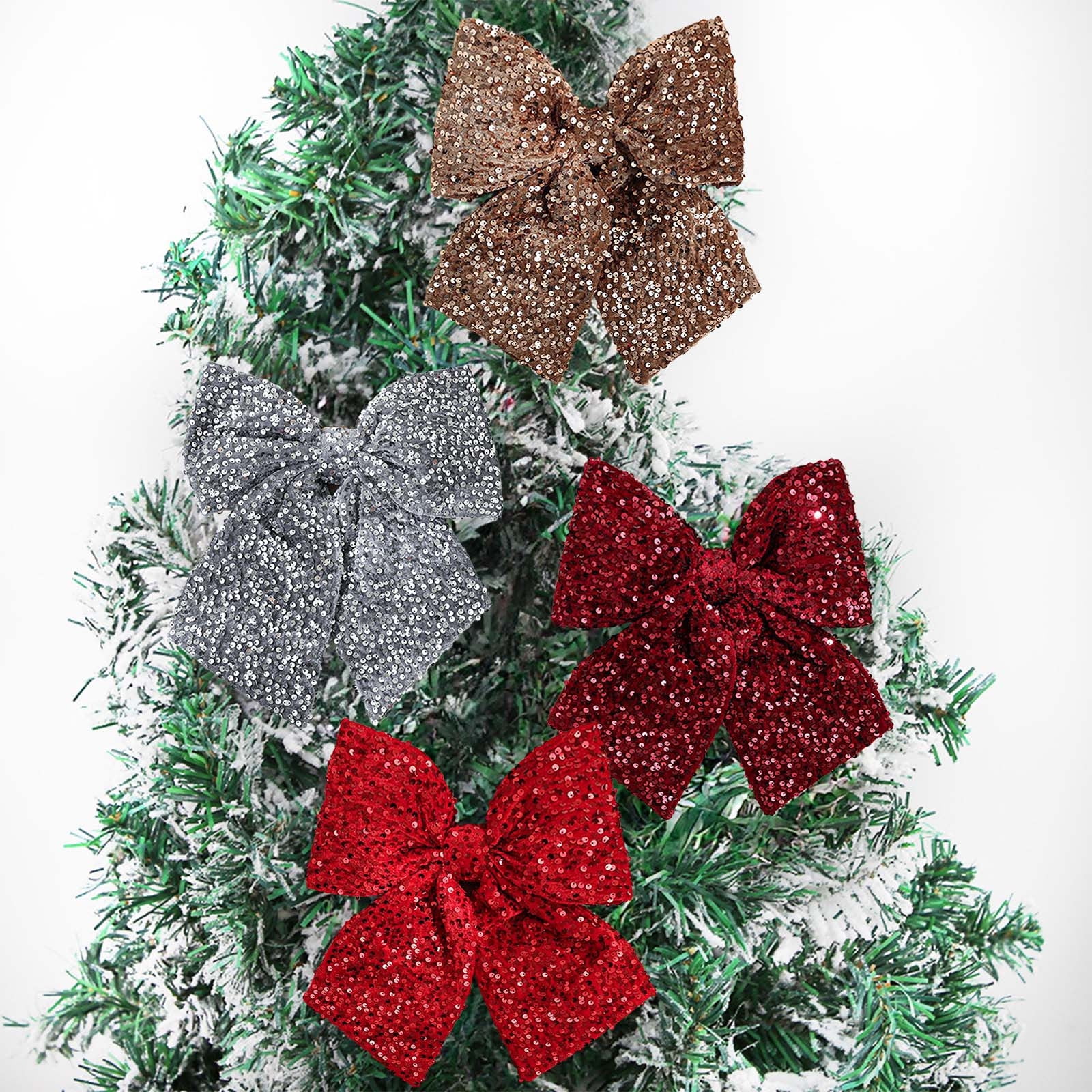 4 PCS Small Christmas Bow 10x8 Inches Velvet Ribbon with Sequins Glitter Decoration for Christmas Tree Gift Wrapping Party Decor Lightweight Holiday Ornament