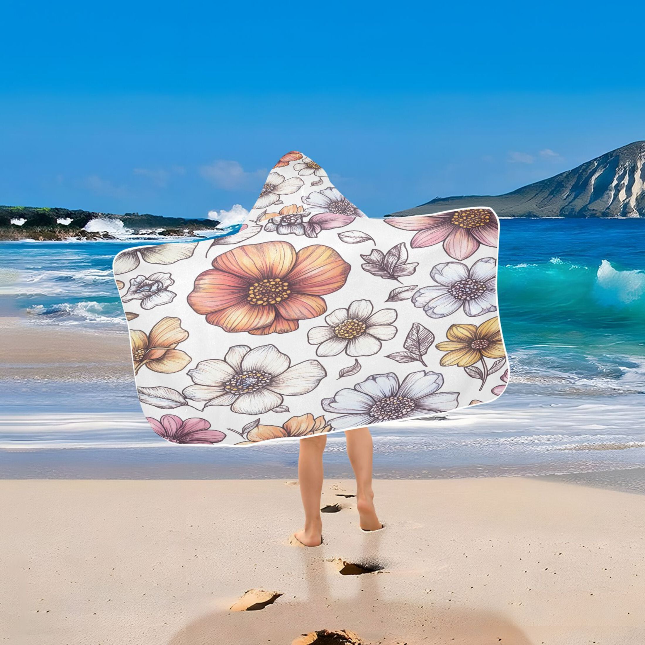 Colorful Flowers 50x23.5" Baby Hooded Bath Towel Poncho, Quick-Dry and Triangle Pocket, Kids' Essential