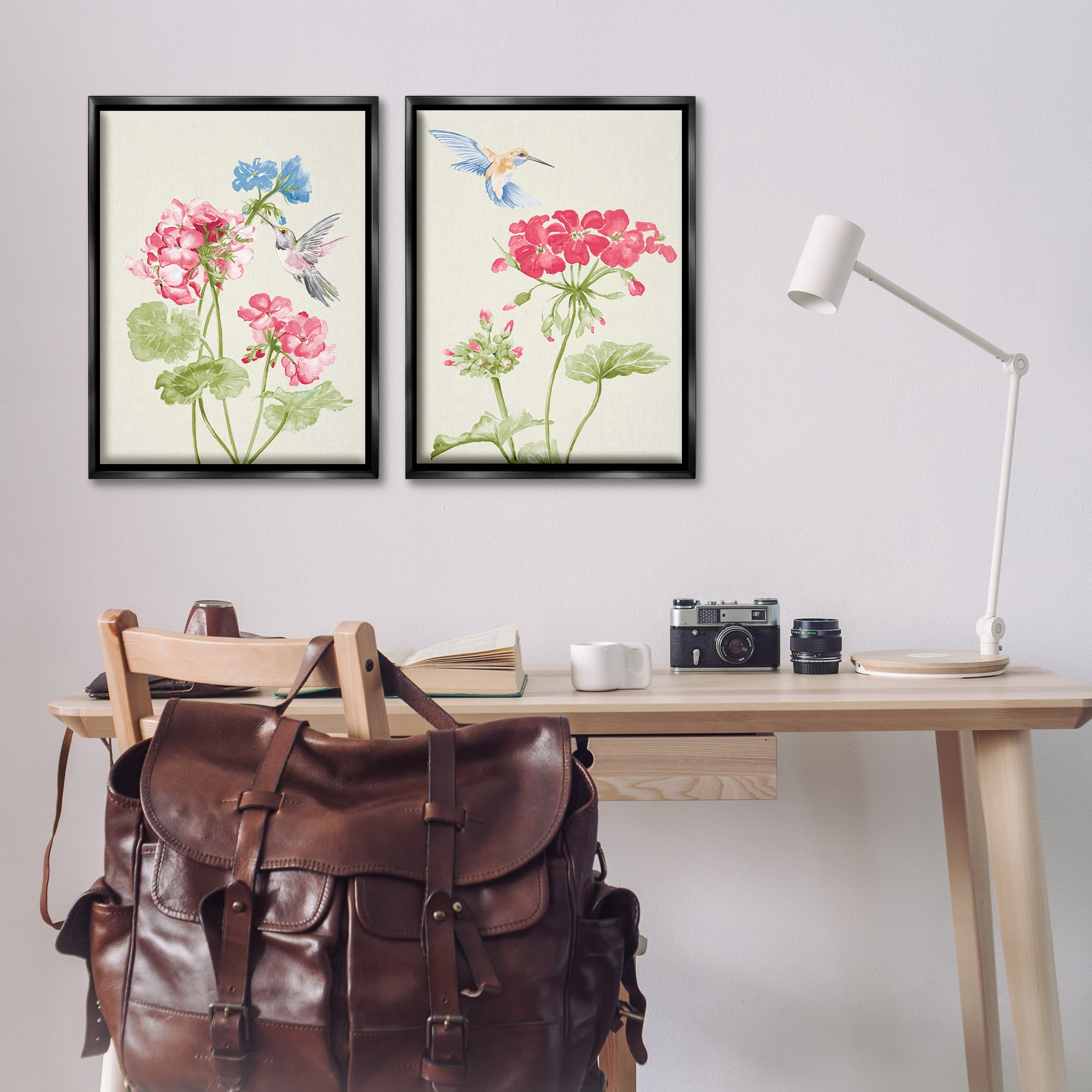 Stupell Industries Pink Geranium Hummingbirds Plants & Flowers Painting Black Floater Framed Canvas Art Print Wall Art, 21 x 31, Set of 2