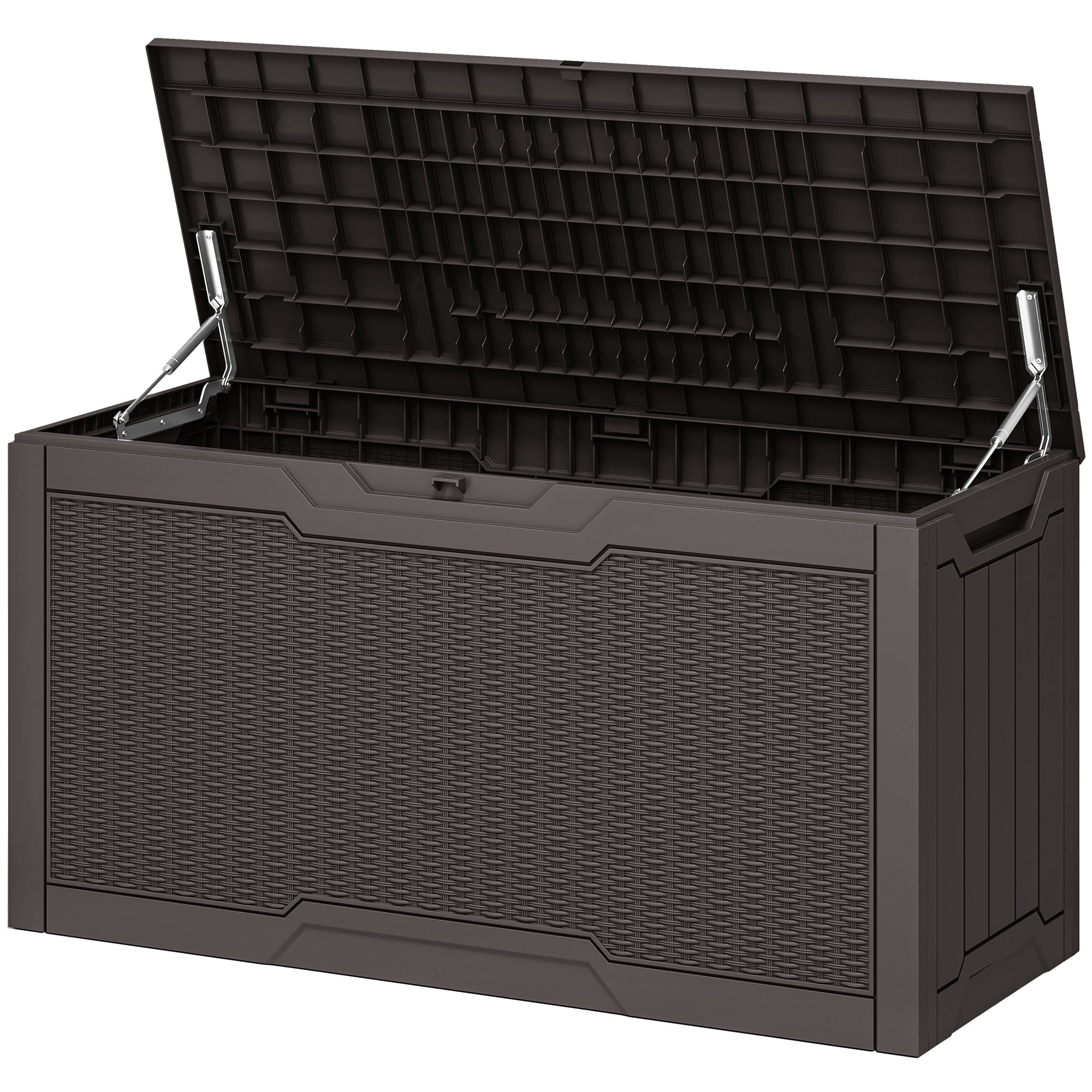 Uforic 80 Gallon Resin Deck Box, Weather Resistant Rattan Outdoor Storage Box, Lockable for Patio Garden Pool Supplies, Dark Brown