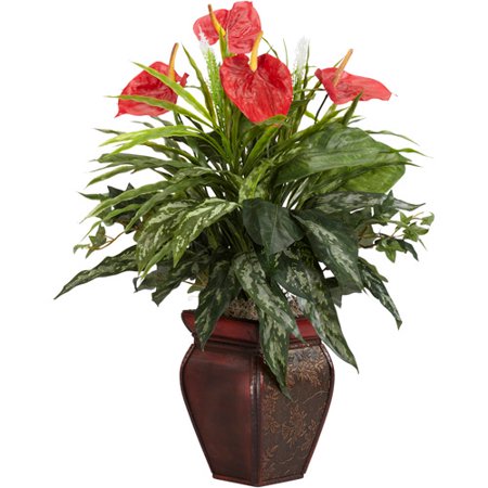 Nearly Natural Mixed Greens &amp; Anthurium w/Decorative Vase Silk Plant