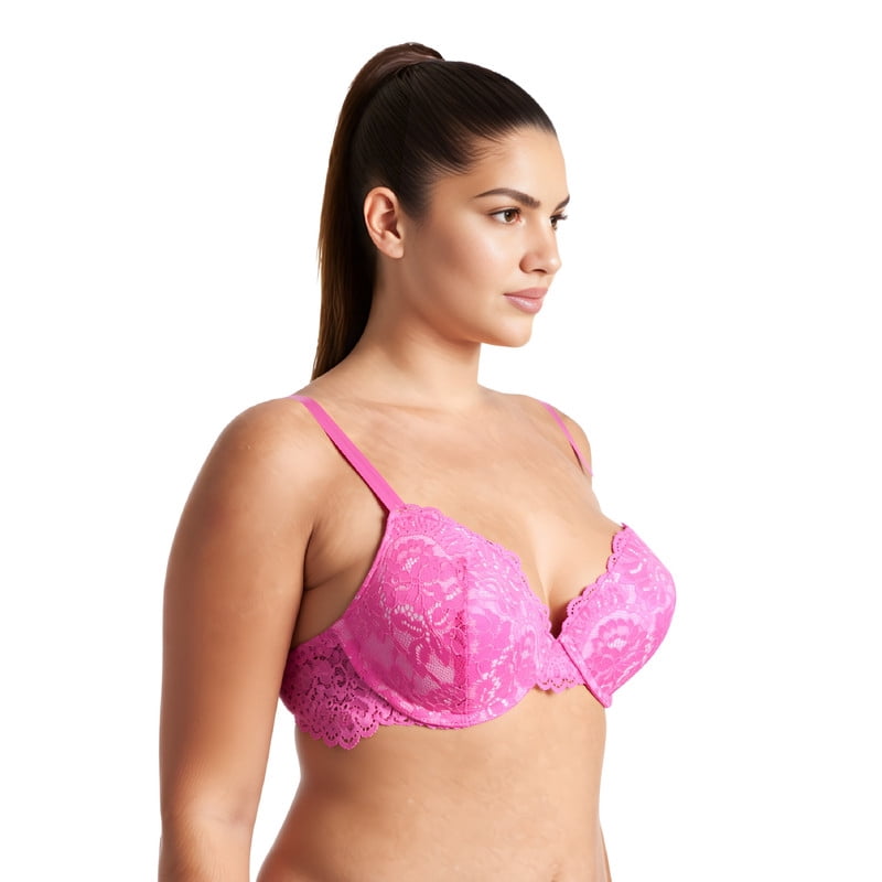 Curve Muse Women's Underwire Plus Size Push Up Add 1 and a Half Cup Lace Bras-2PK-Hot Pink,Black-46DD