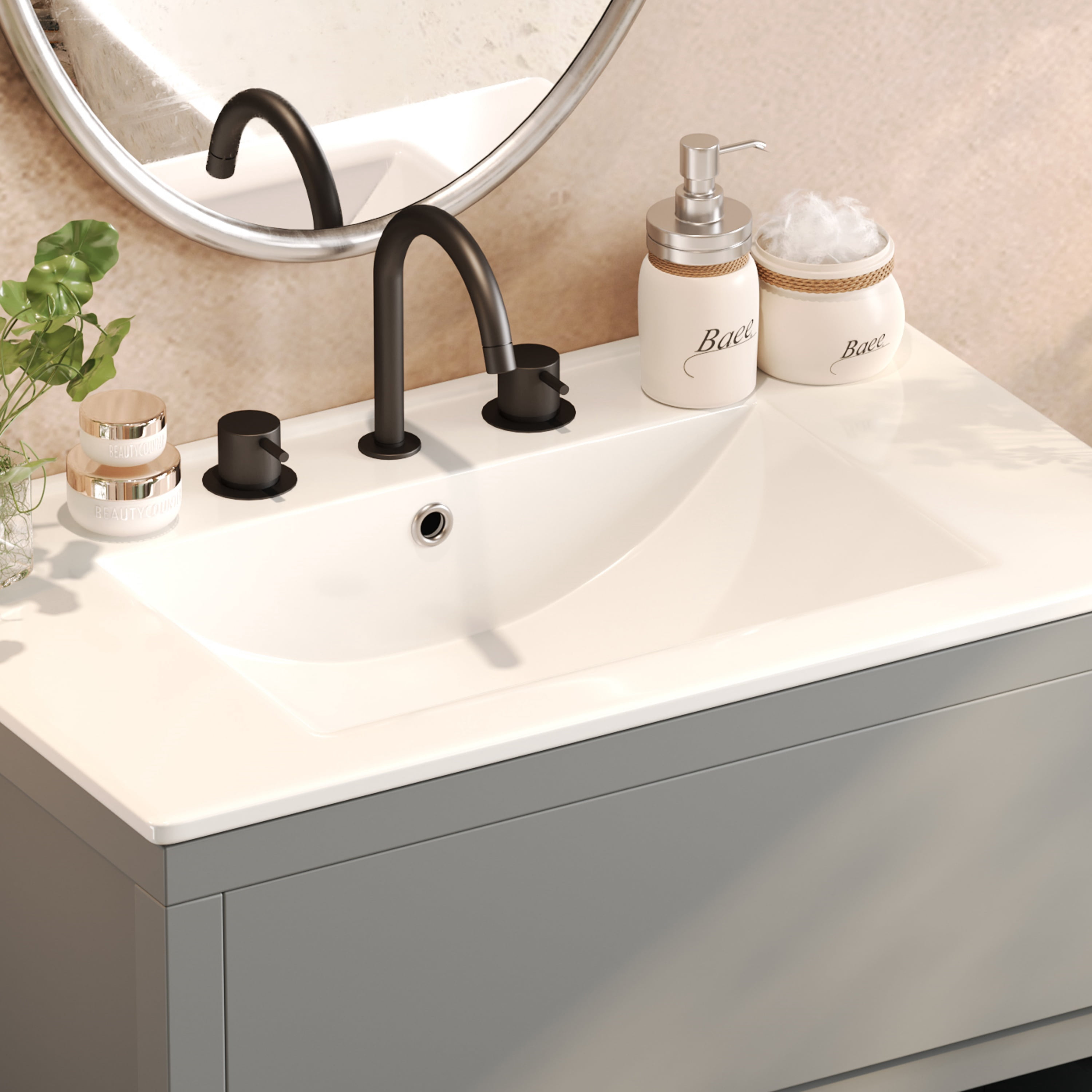 Euroco 30" Bathroom Vanity with Ceramic Sink and 2 Full-Extension Drawers, Freestanding Bathroom Vanity with 45° Free-Handle Design, Soft Close Undermount Drawer Slides, Gray
