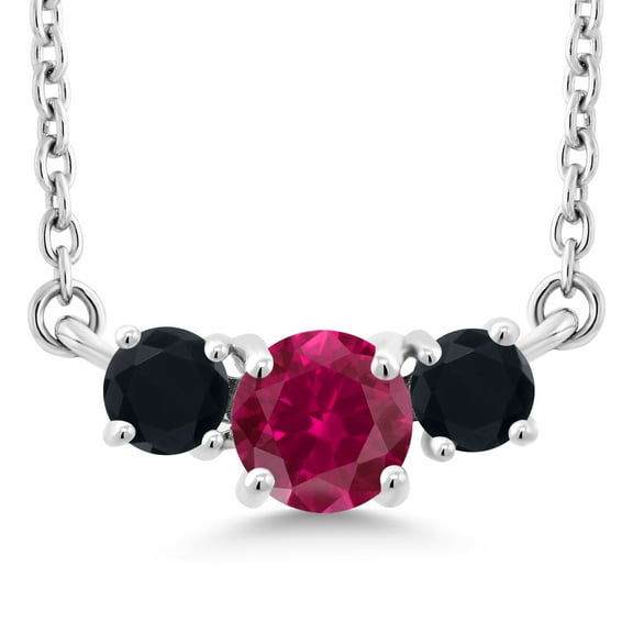 Gem Stone King 0.60 Ct Round Red Created Ruby Black Onyx 10K White Gold Necklace
