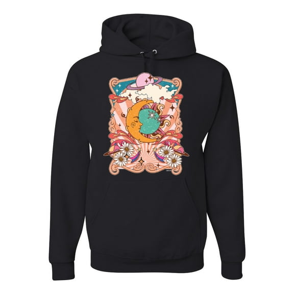 Wild Bobby Sun and Moon Groovy Vintage Daisy Flowers Stars Vintage Unisex Hoodie Sweatshirt, Black, Small