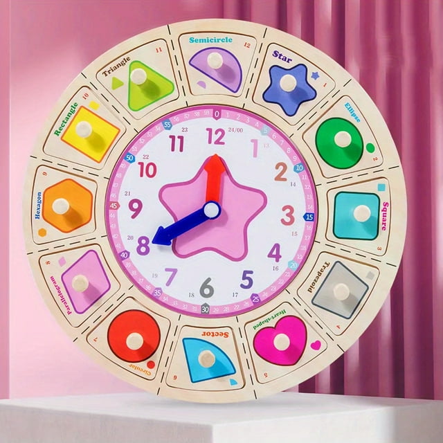 Early Learning Center Wooden Teaching Clock With Random Pattern, Toys Wooden Shape Color Sorting Clock Teaching Time Number Blocks Puzzle Stacking Montessori Educational Toy Gift For Year Old Kids