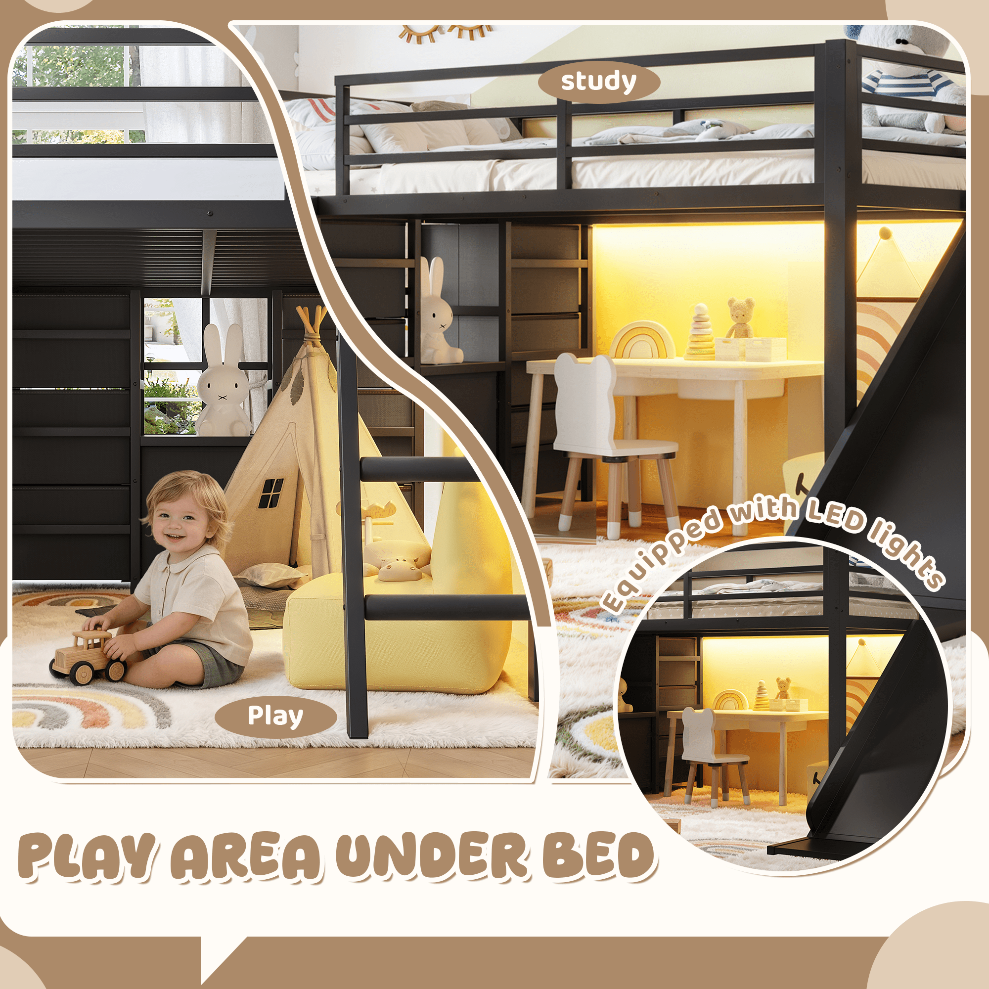 Leumius Twin Size Metal Loft Bed with Slide & Ladder, Metal Loft Bed with Storage Drawers and Hanging Area, LED Lights,Black