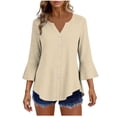 thumbnail image 2 of Craaazy Women's Relaxed Fit V Neck Blouse, Solid Color 3/4 Sleeve Flare Cuff Top, Loose Comfy Button Accent Casual Tee for Spring & Summer Gifts, 2 of 7