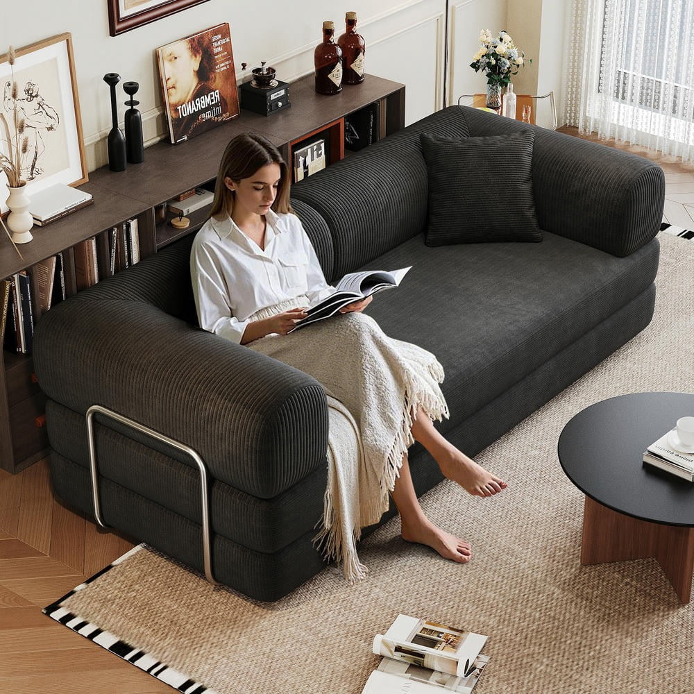 Barara King 78.8" Convertible Sofa Bed, Comfy Futon Sleeper with Pillow Back Support, Armrest, Modular Sectional Design, Boneless Loveseats for Living Room, Bedroom, Corduroy, Black