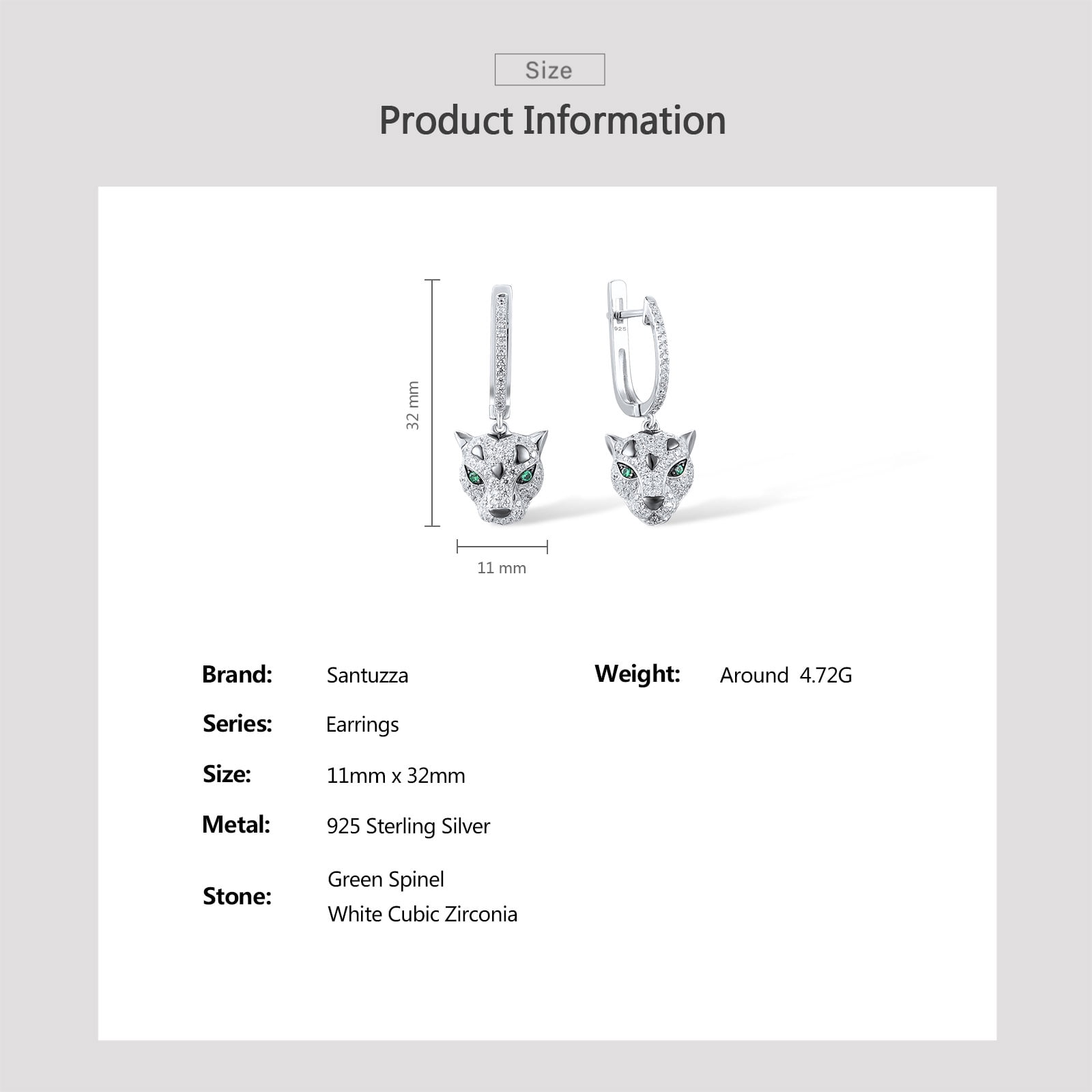 Santuzza 925 Sterling Silver Panther Earrings Green Spinel Cubic Zirconia Leopard Dangle Earrings for Women