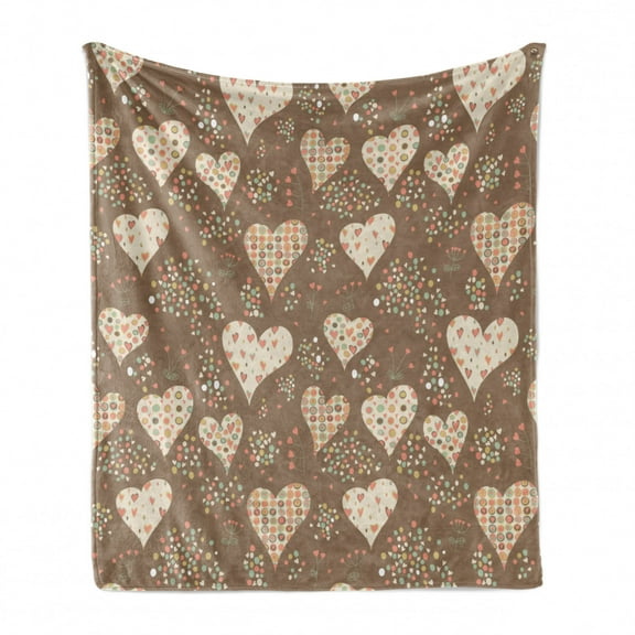 Valentine's Day Soft Flannel Fleece Throw Blanket, Doodle Style Hearts and Circles, Cozy Plush for Indoor and Outdoor Use, 60" x 80", Umber Coral Seafoam, by Ambesonne