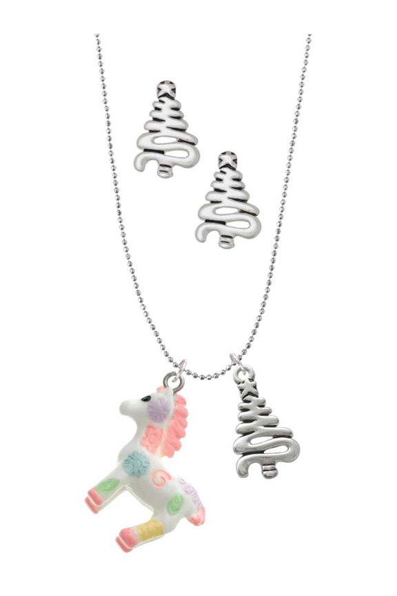 Resin Pastel Paint Pony Silver tone Zig Zag Christmas Tree Charm Necklace and Stud Earrings