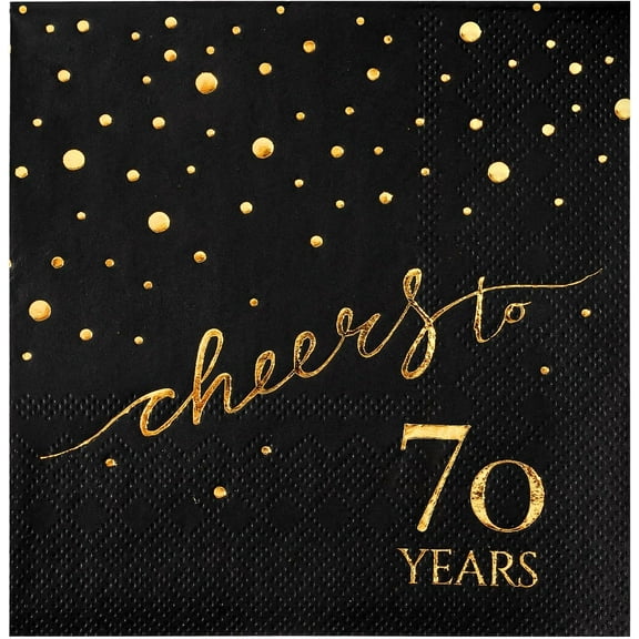 100 Pack of 70th Birthday Napkins, Cheers to 70 Cocktail 5x5 Inches Party Paper Napkins for Birthday Decorations Wedding Anniversary Black and Gold, 3-Ply