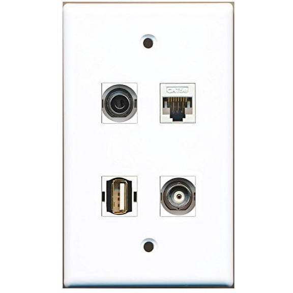 RiteAV - 1 Port USB A-A 1 Port 3.5mm 1 Port BNC 1 Port Cat5e Ethernet White Wall Plate
