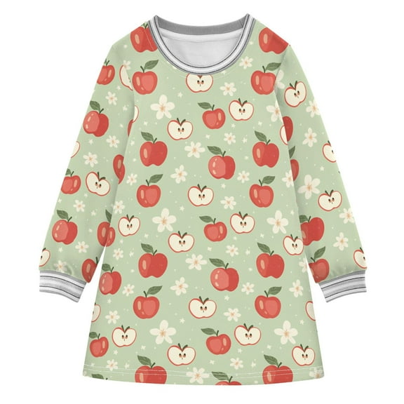 Girls' long-sleeved dress Apple Flower Girls' A-line dress with ribbed cuffs Soft and comfortable