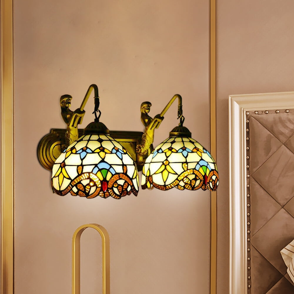 2 Lights Tiffany Mermaid Vanity Fixture Wall Lighting Stained Glass Wall Sconce! For Front Doors, Sheds, Hallways, Terraces