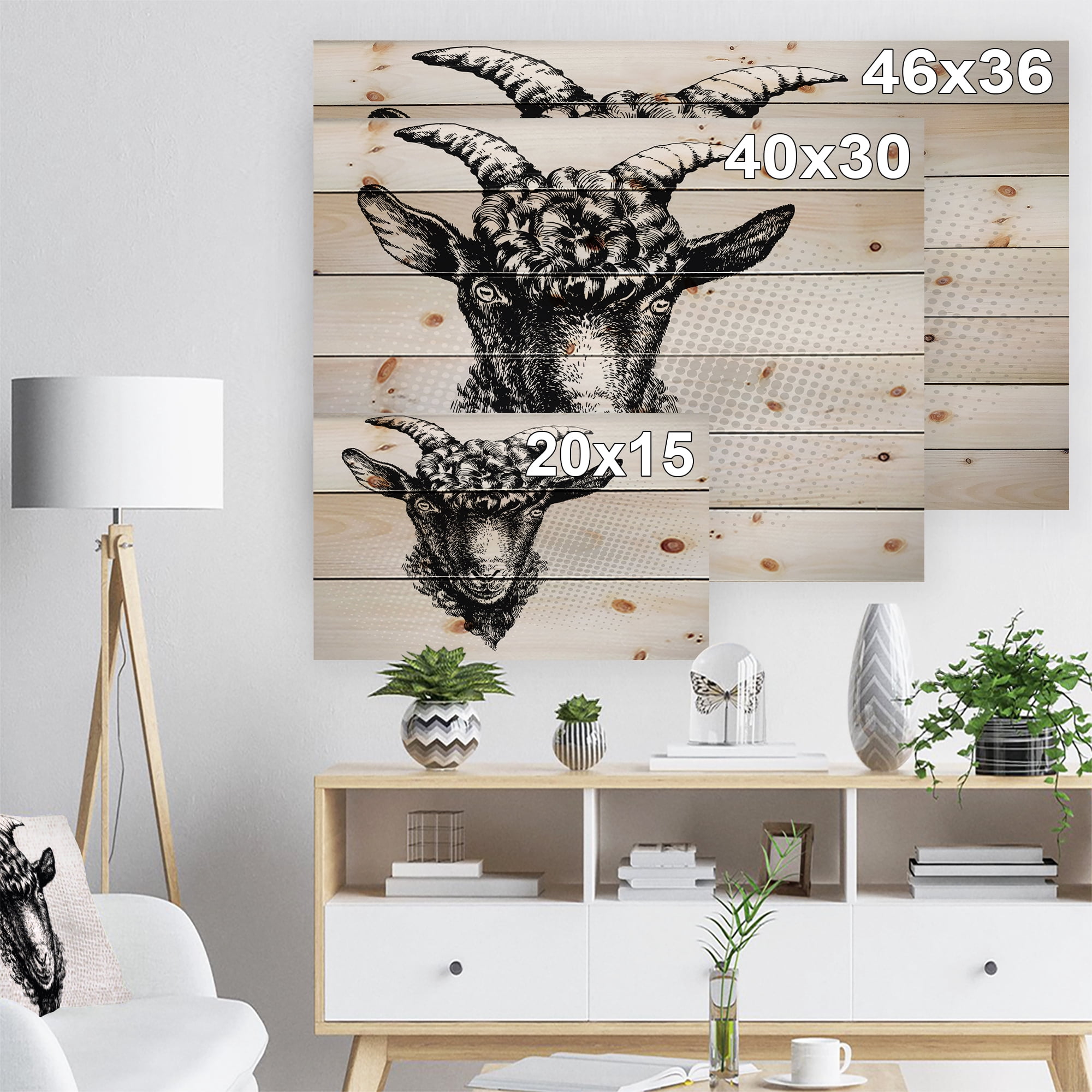 Designart 'Black Goat' Farmhouse Animal Painting Print on Natural Pine Wood