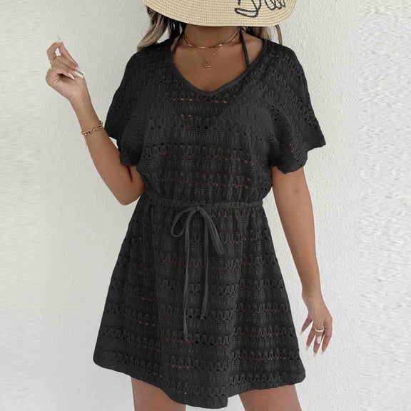Karight Womens Crochet Lace Cover Up Dress Short Sleeve V-Neck Drawstring Waist Semi-Sheer Beach Dress for Swimwear