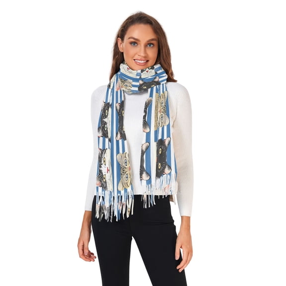 Winter Scarves for Women Cats with Blue White Striped Fashion Pashmina Shawl Wraps Long Blanket Scarf for Fall Spring