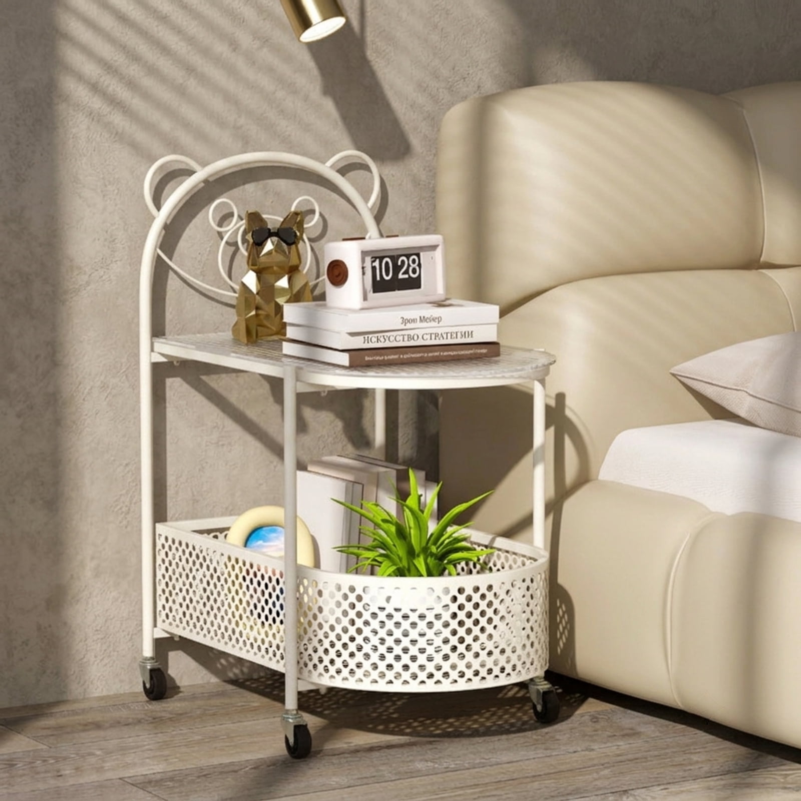 Furnibear 2 Tier Mobile Glass Coffee Table with Rolling Casters and Bear Pattern Storage Basket for the Small Living Room, White