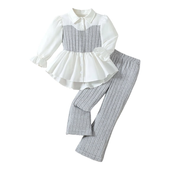 Atogsazn Girls 2 Piece Clothes Set Kids Casual Patchwork Long Sleeve Shirt Dress & Pants Outfit Tops Outwear Gray 9-10 Years Fashion