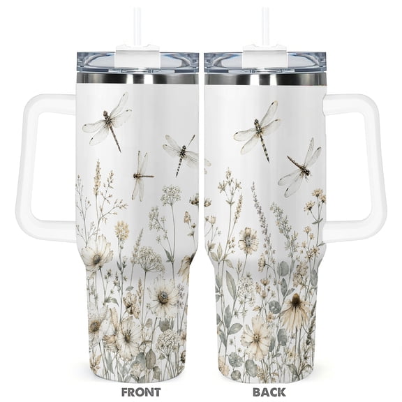 Dragonfly And Wildflower 40oz Travel Tumbler Cup With Lid Straw And Handle