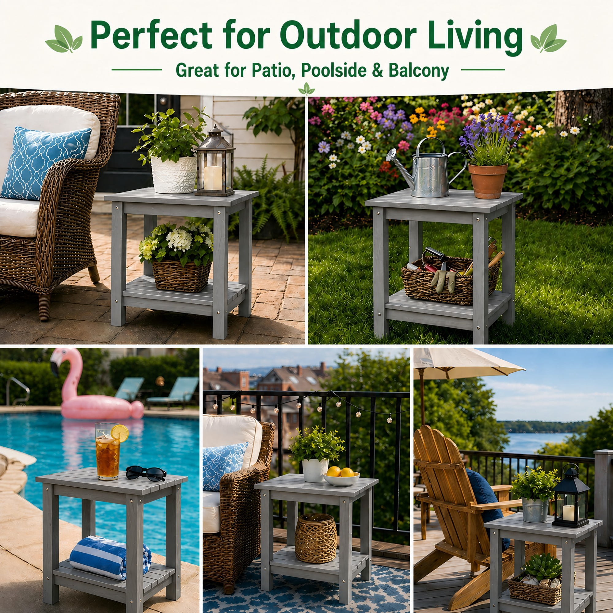 Y&M Outdoor Side Table, HDPE Patio End Table for Adirondack Chair, Weather Resistant Small Accent Table, Gray, Double Layer