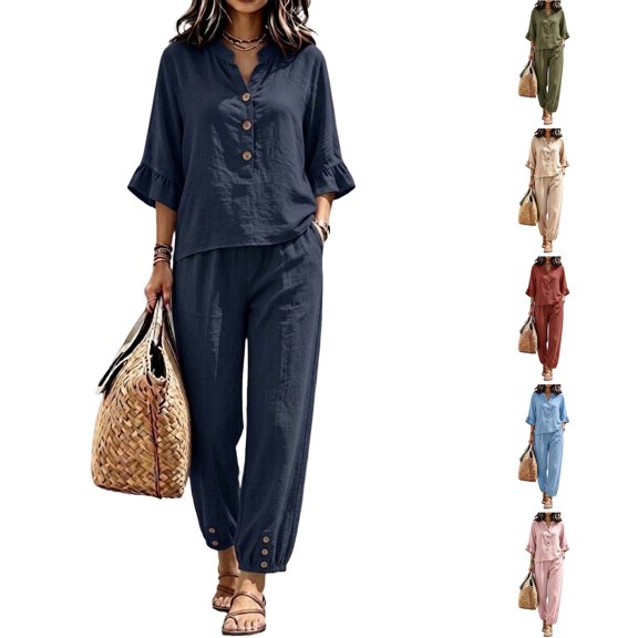 WULMLEO Women Linen 2 Piece Outfit Sets, V‑Neck Henley Ruffle 3/4 Sleeve Blouse Top Elastic Waist Jogger Pants Casual Matching Loungewear Suit Navy S